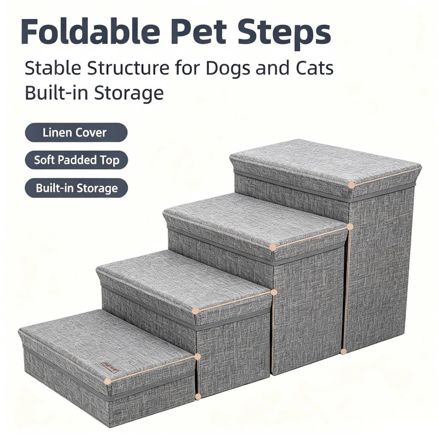 Pawsupport 4-Step Foldable Pet Stairs with Storage – Small Senior Dogs, Detachable Polyester Steps DD01299