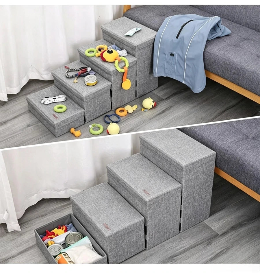Pawsupport 4-Step Foldable Pet Stairs with Storage – Small Senior Dogs, Detachable Polyester Steps DD01299