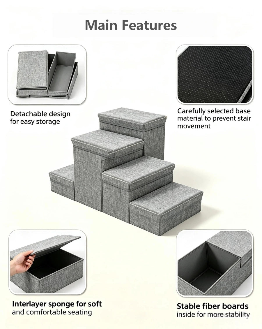Pawsupport 4-Step Foldable Pet Stairs with Storage – Small Senior Dogs, Detachable Polyester Steps DD01299