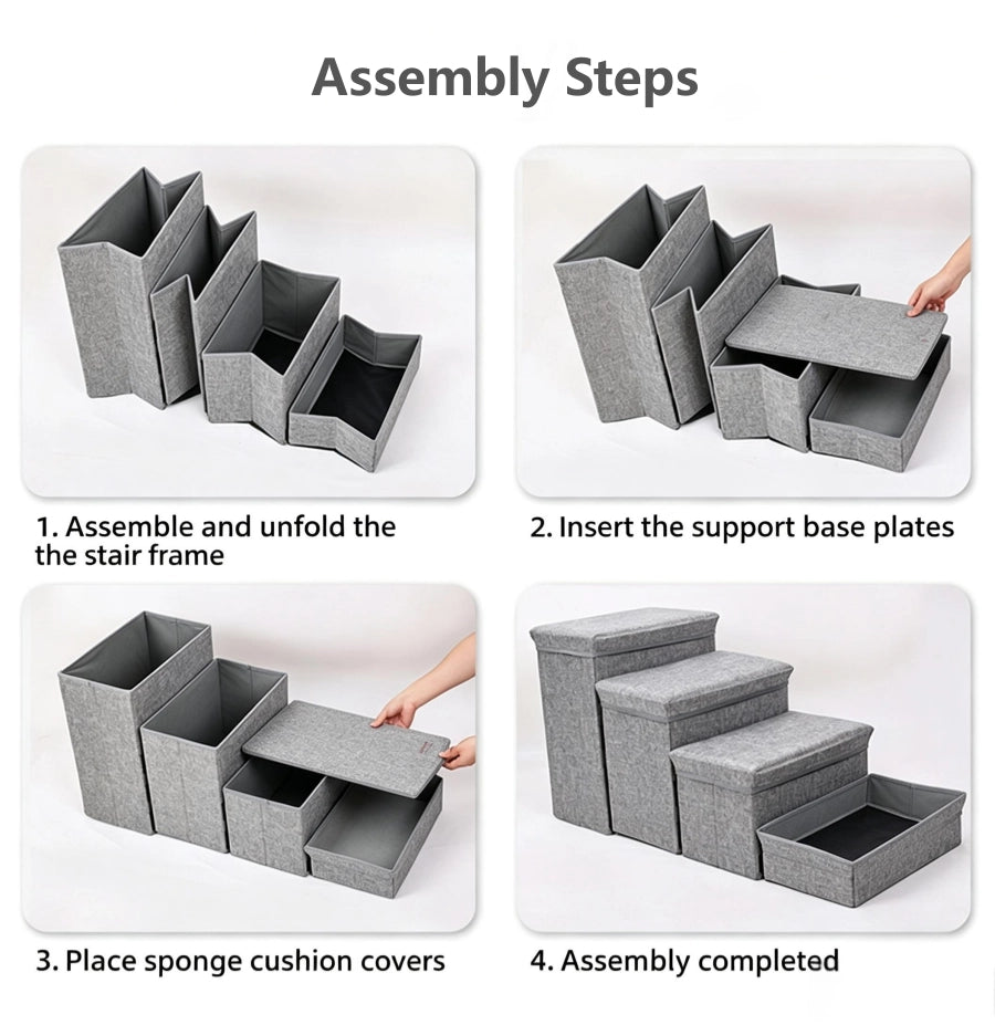 Pawsupport 4-Step Foldable Pet Stairs with Storage – Small Senior Dogs, Detachable Polyester Steps DD01299