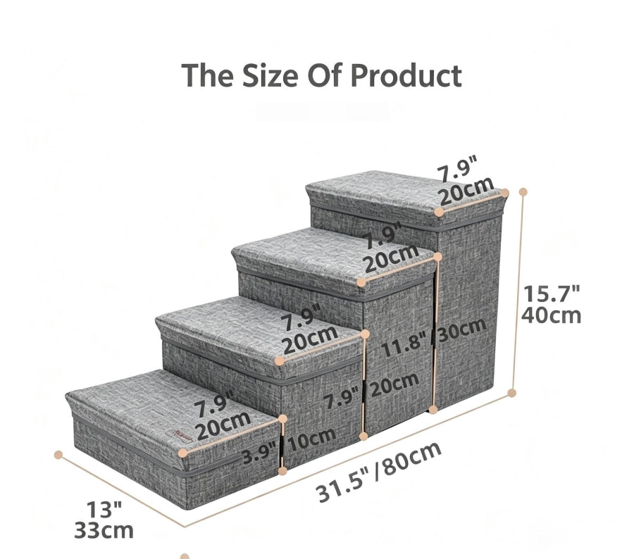 Pawsupport 4-Step Foldable Pet Stairs with Storage – Small Senior Dogs, Detachable Polyester Steps DD01299