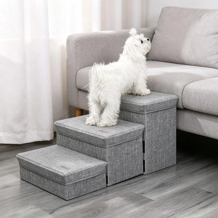 Pawsupport 4-Step Foldable Pet Stairs with Storage – Small Senior Dogs, Detachable Polyester Steps DD01299