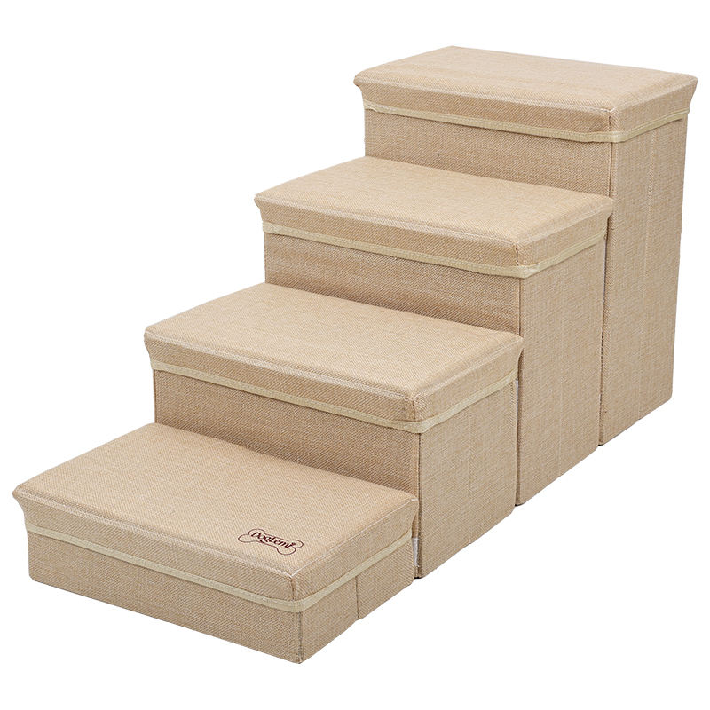 Pawsupport 4-Step Foldable Pet Stairs with Storage – Small Senior Dogs, Detachable Polyester Steps DD01299 Beige